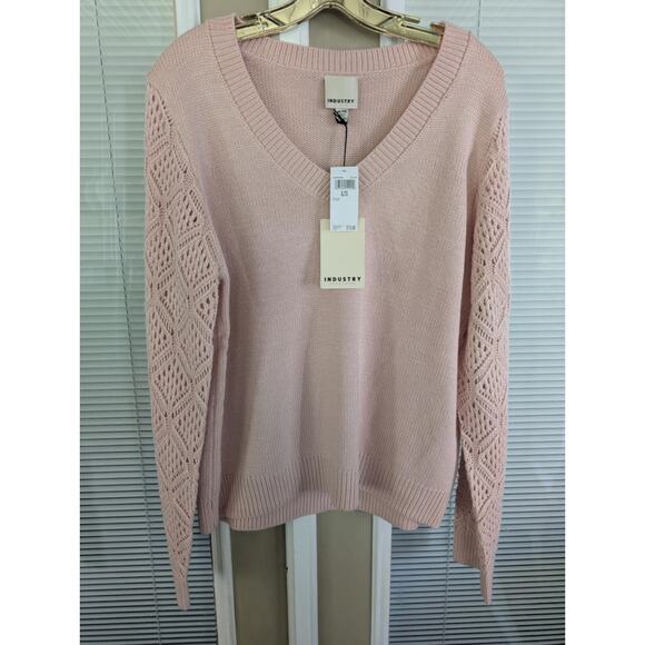 Industry Fashion V Neck Crochet Cutout Knitted Pullover Pink Sweater Size XL NWT - Picture 1 of 8